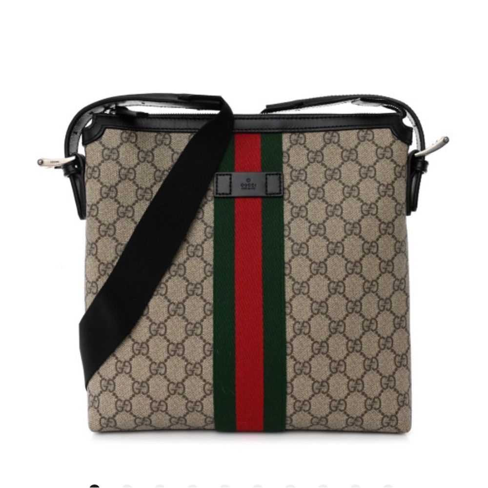 Gucci Beige GG Supreme Crossbody with Red and Green Web and Black Strap